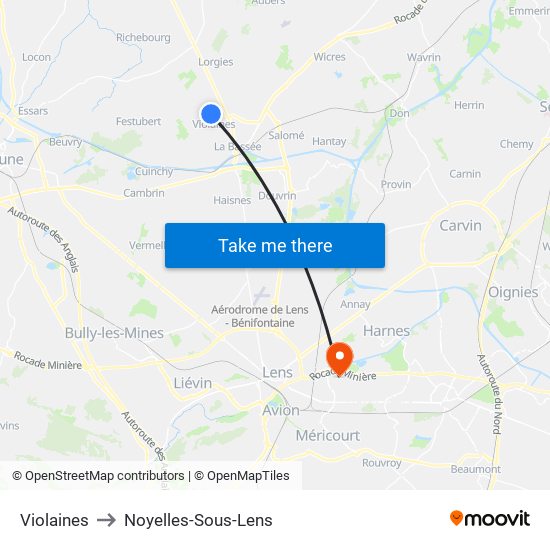 Violaines to Noyelles-Sous-Lens map