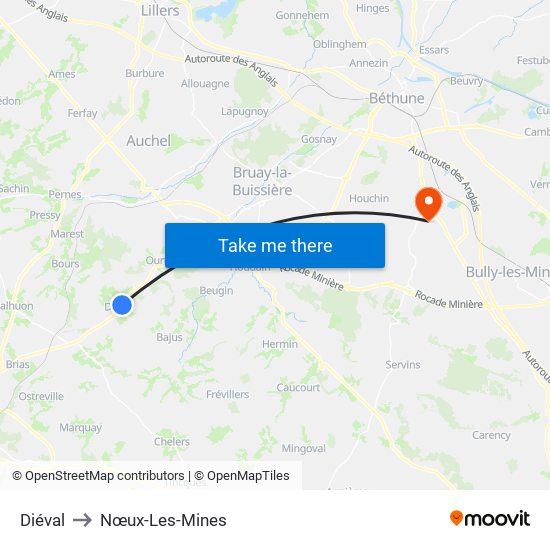 Diéval to Nœux-Les-Mines map