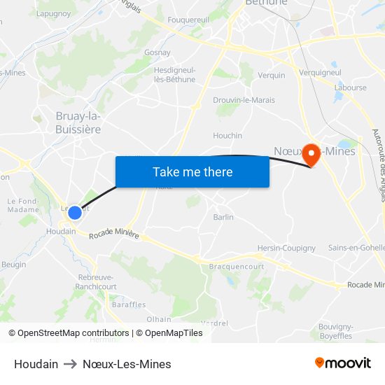 Houdain to Nœux-Les-Mines map