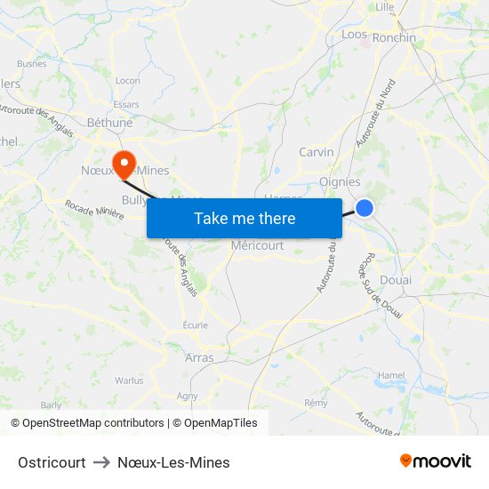 Ostricourt to Nœux-Les-Mines map