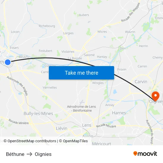 Béthune to Oignies map