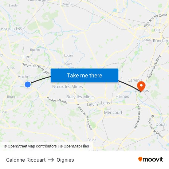 Calonne-Ricouart to Oignies map