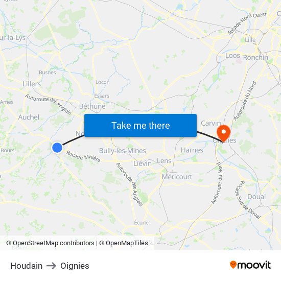 Houdain to Oignies map