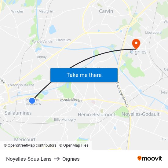 Noyelles-Sous-Lens to Oignies map