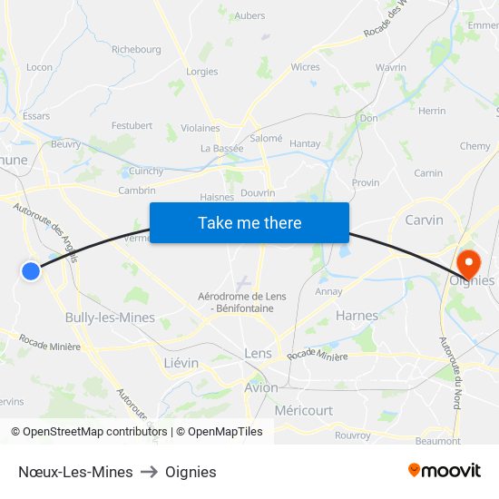 Nœux-Les-Mines to Oignies map