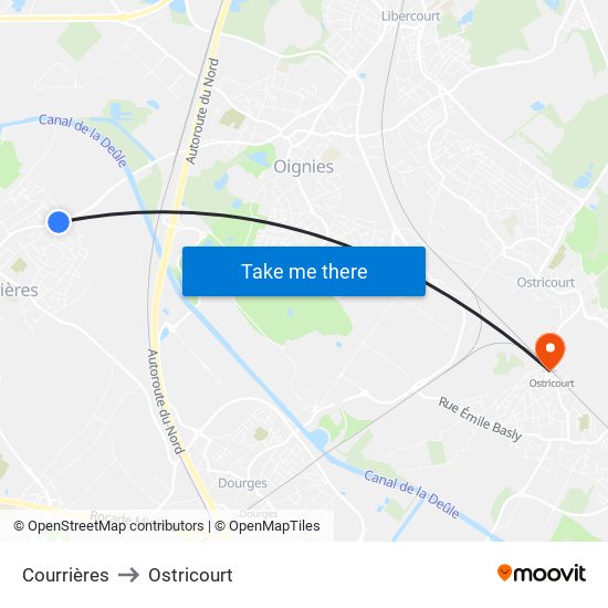 Courrières to Ostricourt map