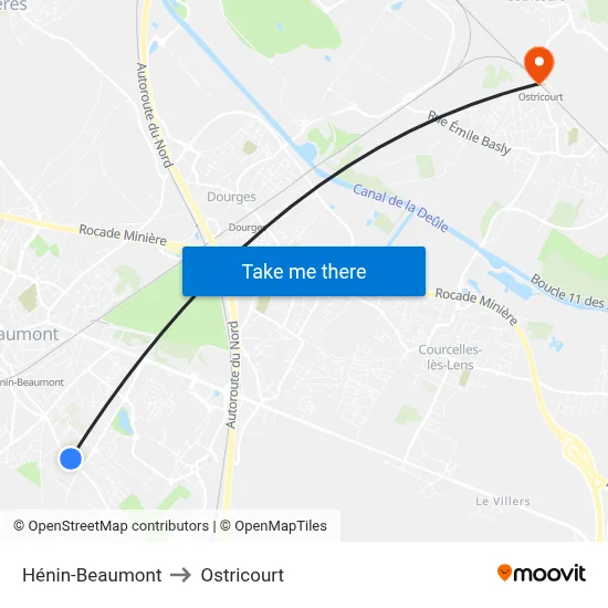 Hénin-Beaumont to Ostricourt map