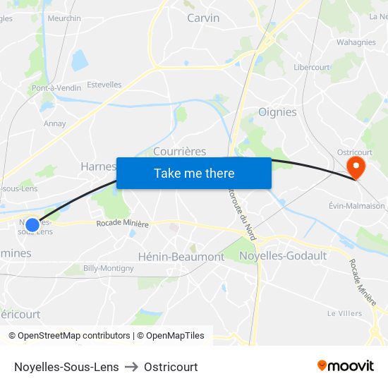 Noyelles-Sous-Lens to Ostricourt map