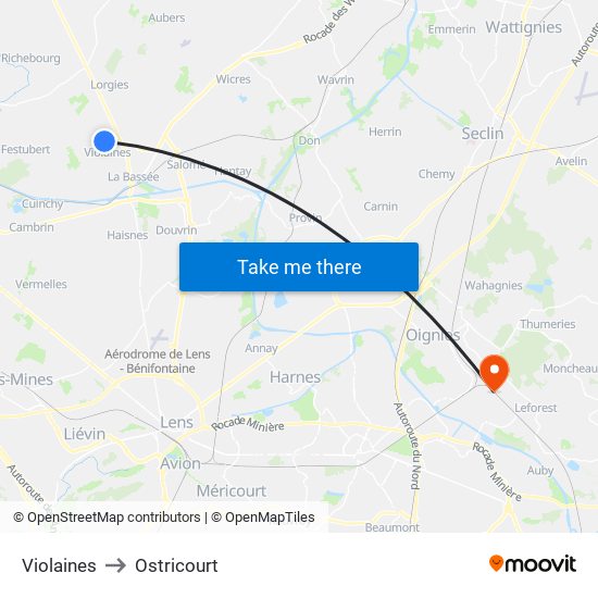 Violaines to Ostricourt map