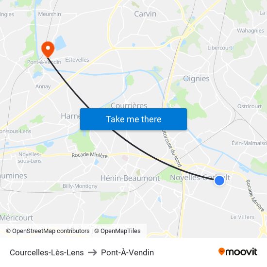 Courcelles-Lès-Lens to Pont-À-Vendin map