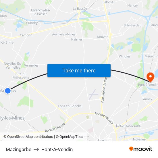 Mazingarbe to Pont-À-Vendin map