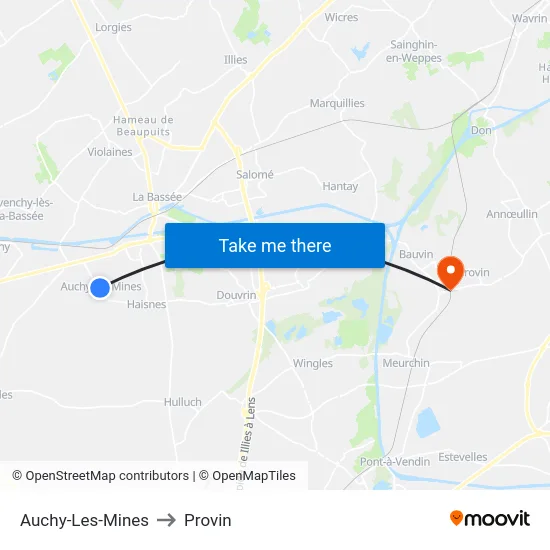 Auchy-Les-Mines to Provin map