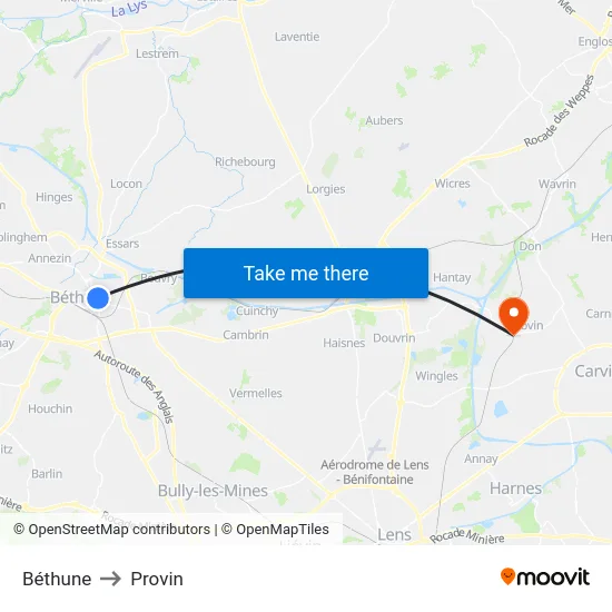 Béthune to Provin map