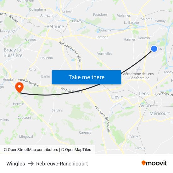 Wingles to Rebreuve-Ranchicourt map