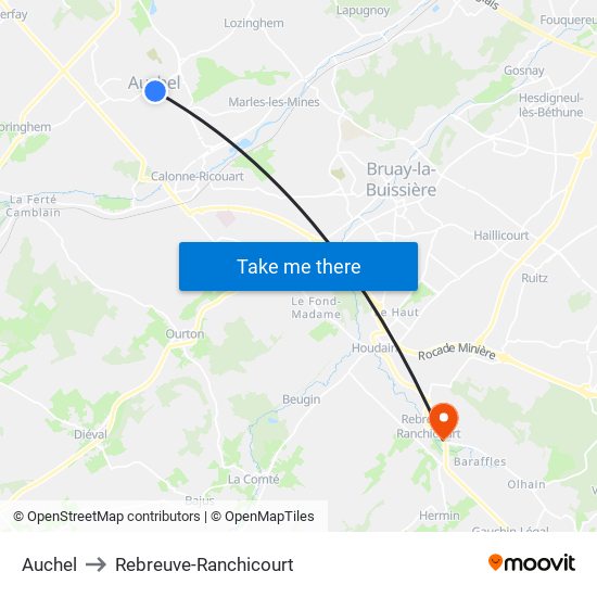 Auchel to Rebreuve-Ranchicourt map