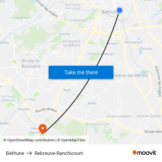 Béthune to Rebreuve-Ranchicourt map