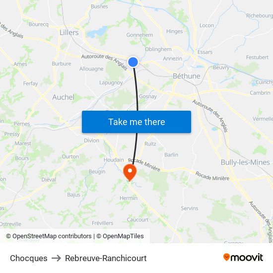 Chocques to Rebreuve-Ranchicourt map