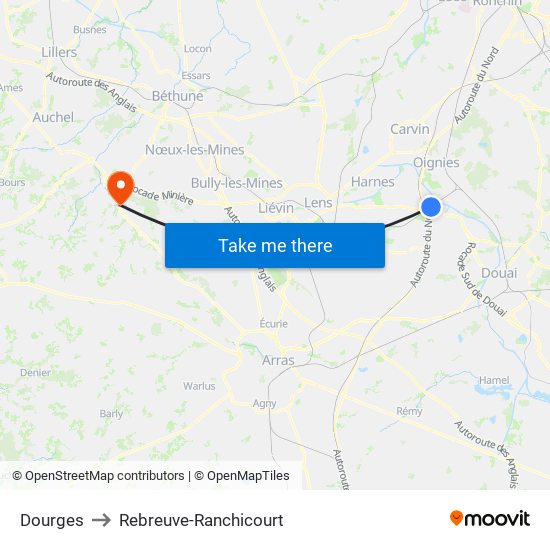 Dourges to Rebreuve-Ranchicourt map