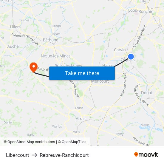 Libercourt to Rebreuve-Ranchicourt map