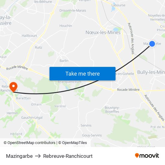 Mazingarbe to Rebreuve-Ranchicourt map