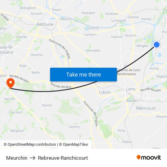 Meurchin to Rebreuve-Ranchicourt map