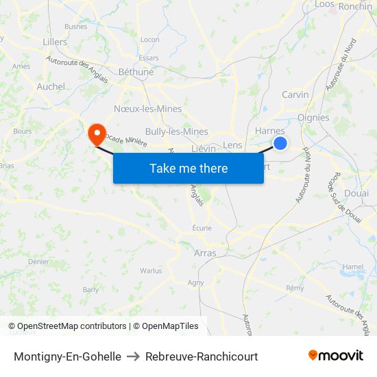 Montigny-En-Gohelle to Rebreuve-Ranchicourt map