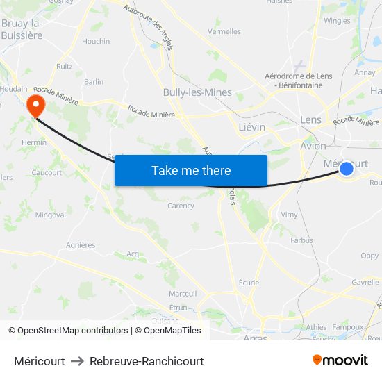 Méricourt to Rebreuve-Ranchicourt map