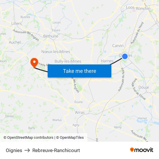 Oignies to Rebreuve-Ranchicourt map