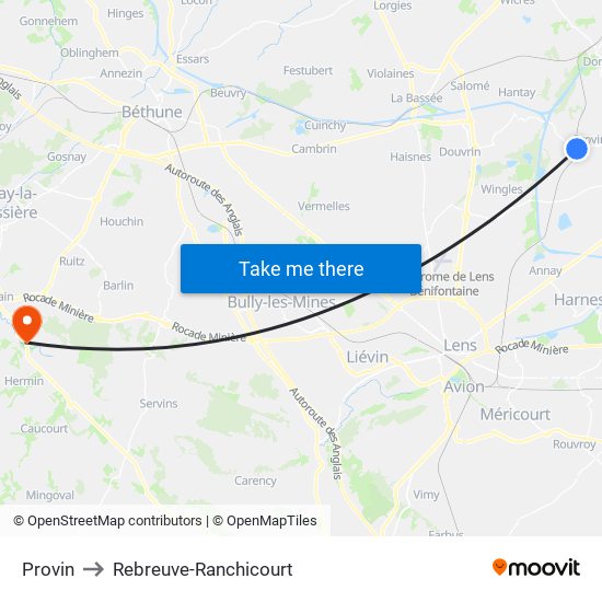 Provin to Rebreuve-Ranchicourt map