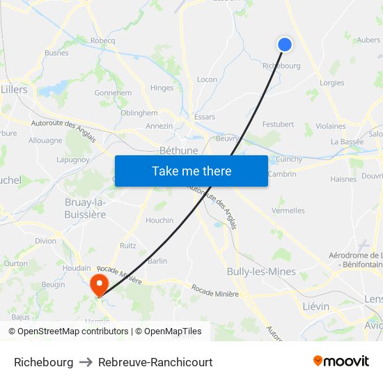 Richebourg to Rebreuve-Ranchicourt map