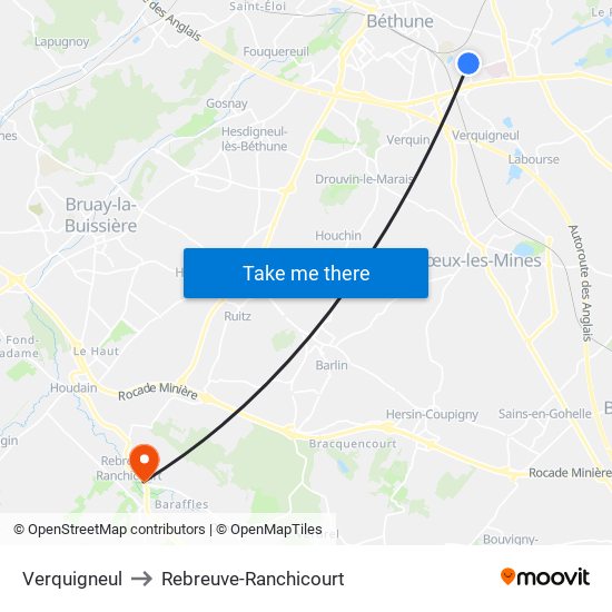 Verquigneul to Rebreuve-Ranchicourt map