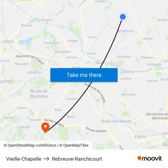 Vieille-Chapelle to Rebreuve-Ranchicourt map