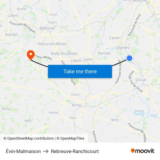 Évin-Malmaison to Rebreuve-Ranchicourt map