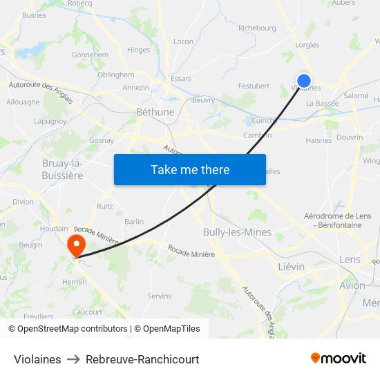 Violaines to Rebreuve-Ranchicourt map