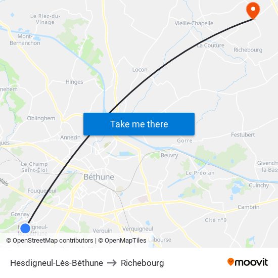 Hesdigneul-Lès-Béthune to Richebourg map