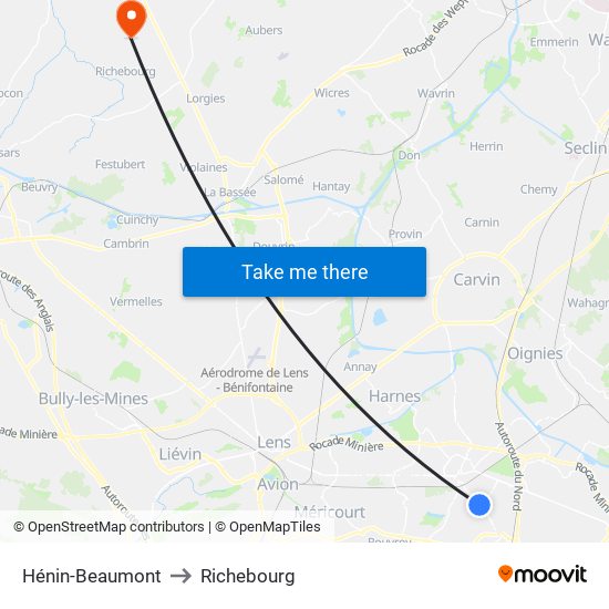 Hénin-Beaumont to Richebourg map