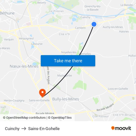 Cuinchy to Sains-En-Gohelle map