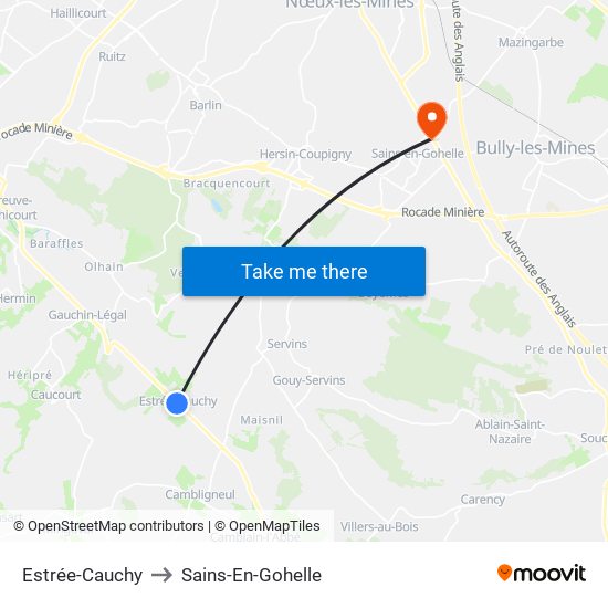 Estrée-Cauchy to Sains-En-Gohelle map