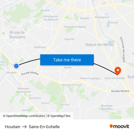 Houdain to Sains-En-Gohelle map