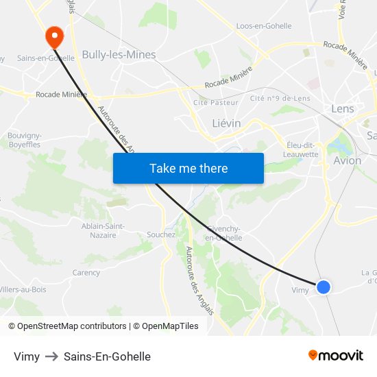 Vimy to Sains-En-Gohelle map