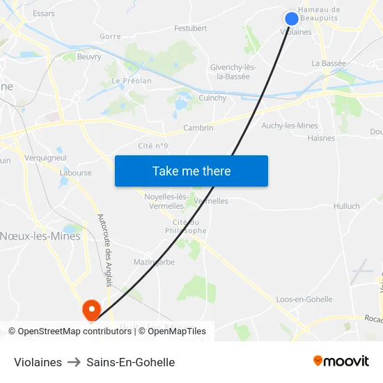 Violaines to Sains-En-Gohelle map