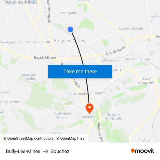 Bully-Les-Mines to Souchez map