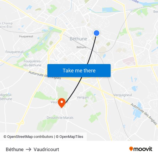 Béthune to Vaudricourt map