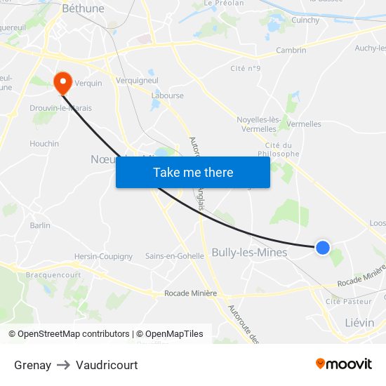 Grenay to Vaudricourt map