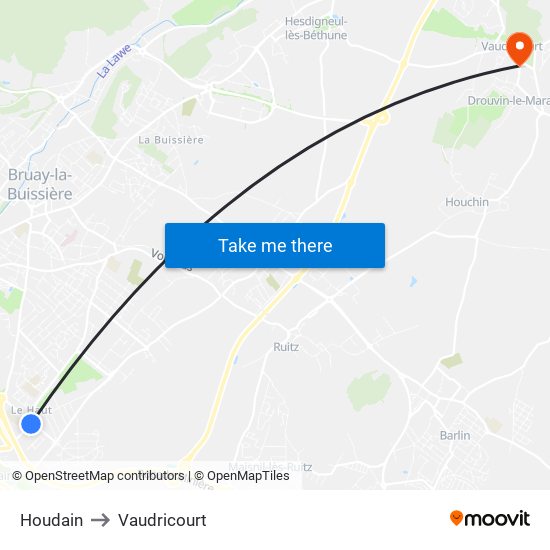 Houdain to Vaudricourt map