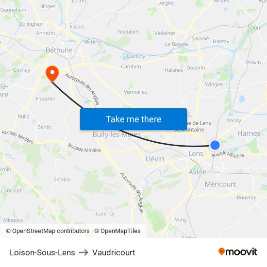 Loison-Sous-Lens to Vaudricourt map