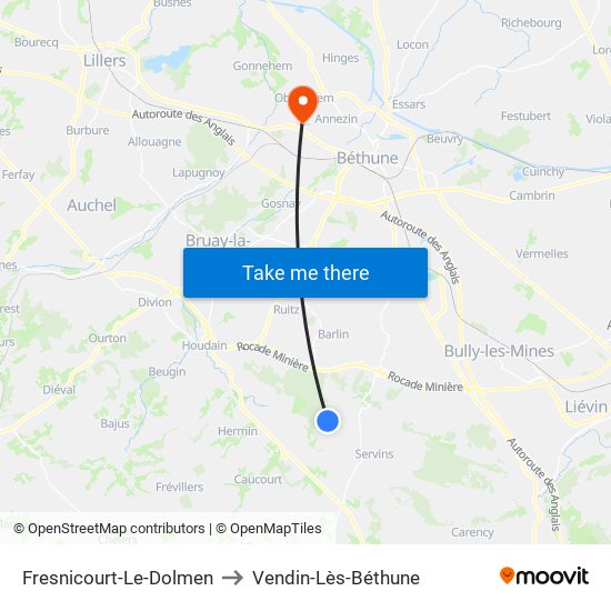 Fresnicourt-Le-Dolmen to Vendin-Lès-Béthune map