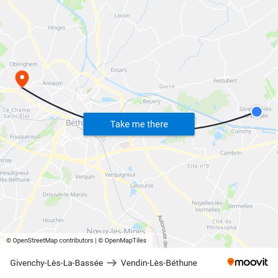 Givenchy-Lès-La-Bassée to Vendin-Lès-Béthune map