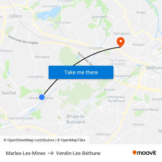 Marles-Les-Mines to Vendin-Lès-Béthune map