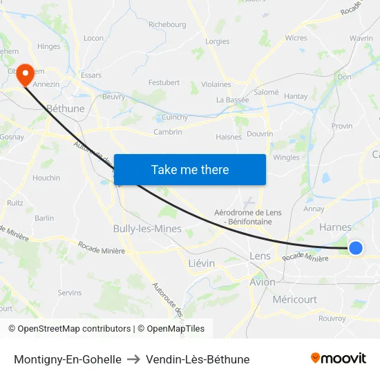 Montigny-En-Gohelle to Vendin-Lès-Béthune map